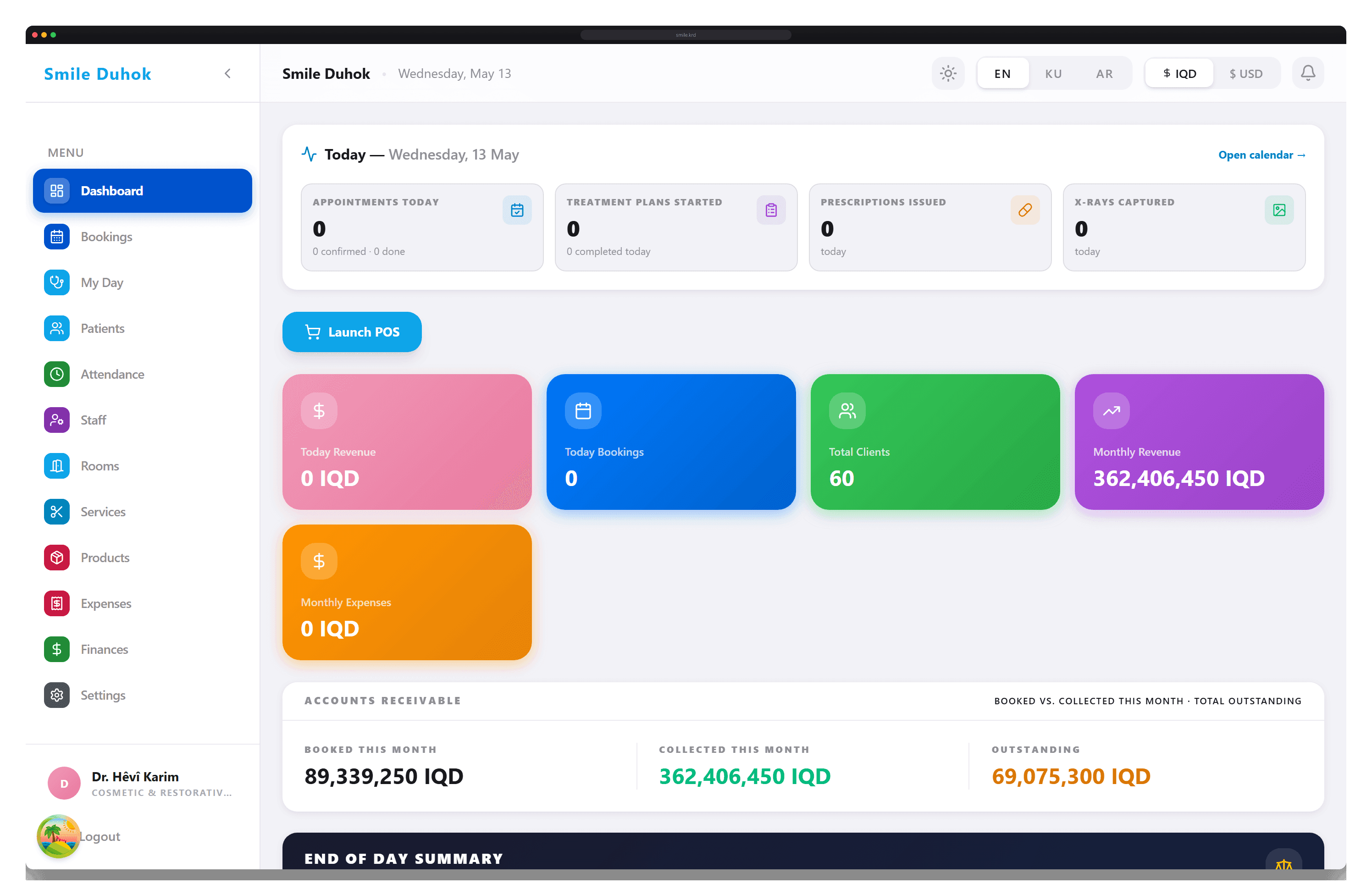 smile.krd admin dashboard showing live appointments, revenue, and patient records