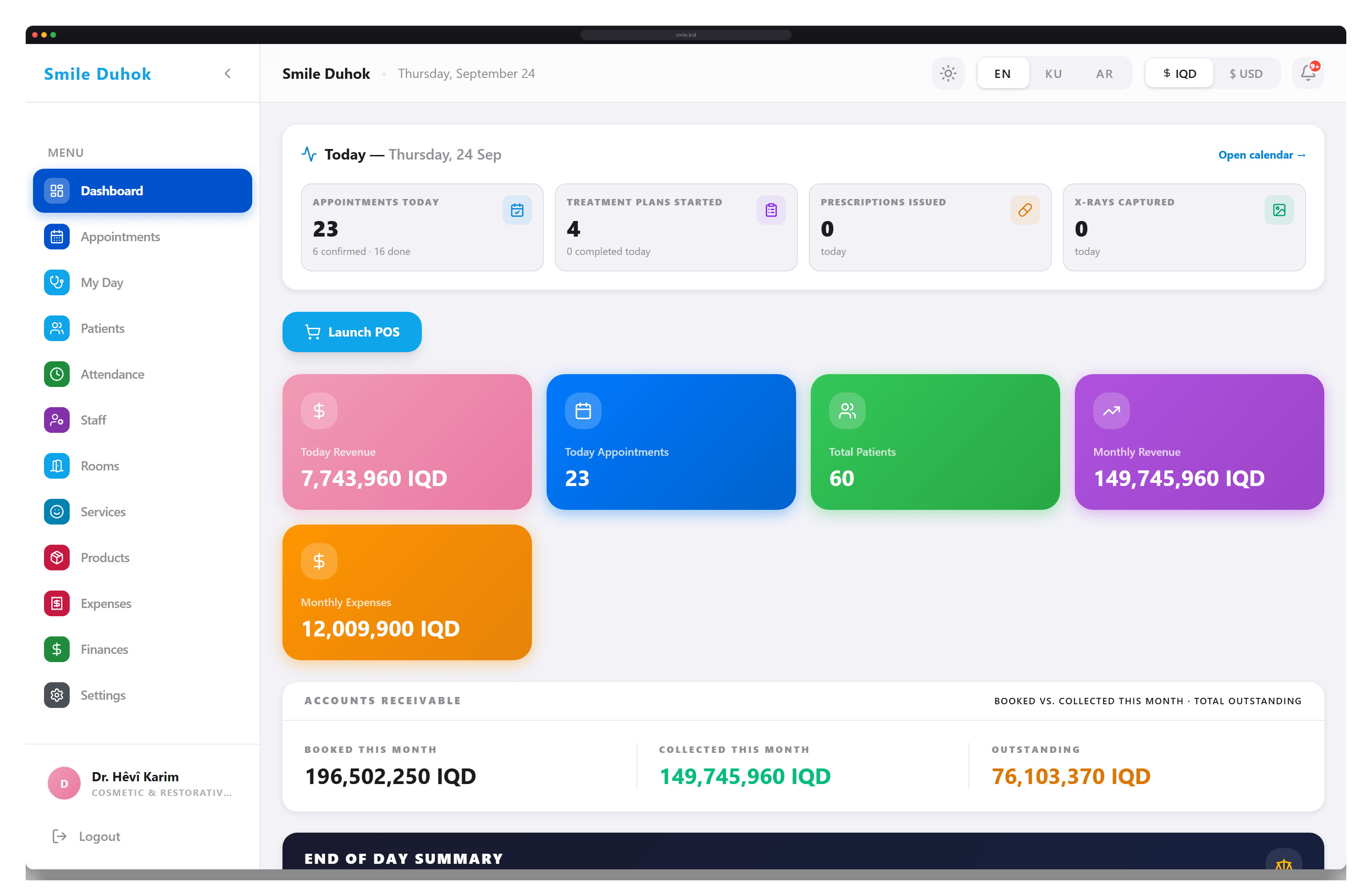 smile.krd admin dashboard showing live appointments, revenue, and patient records